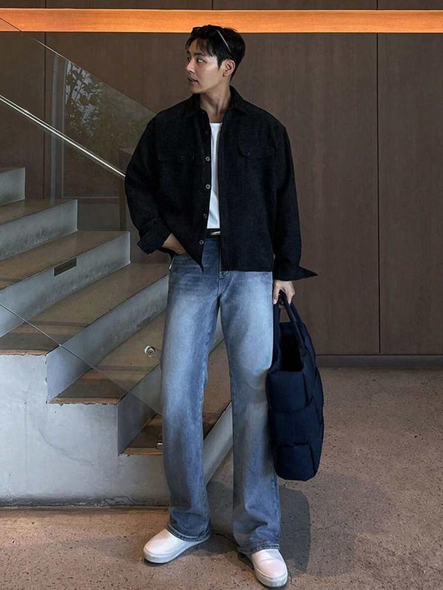 washed blue slightly loose straight leg jeans