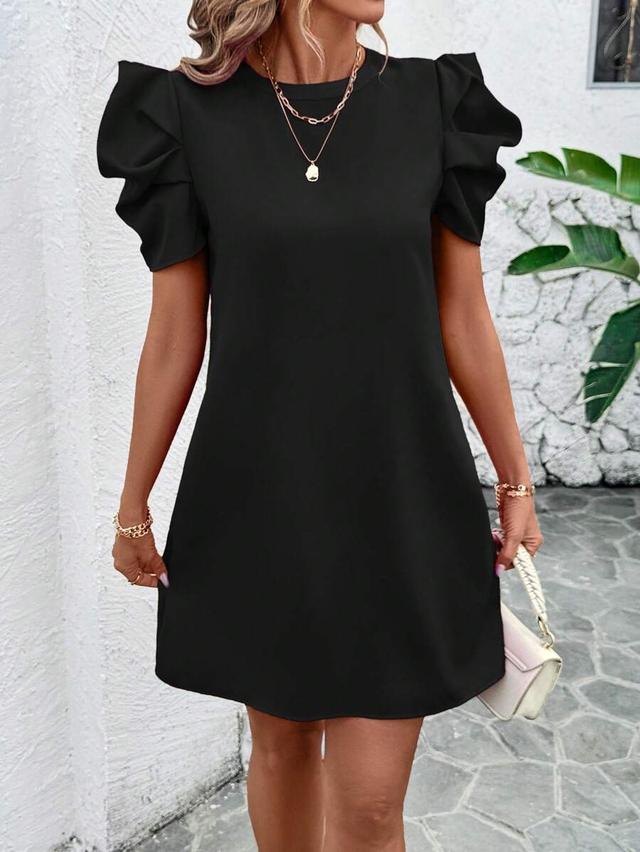solid black round neck puff sleeve casual dress