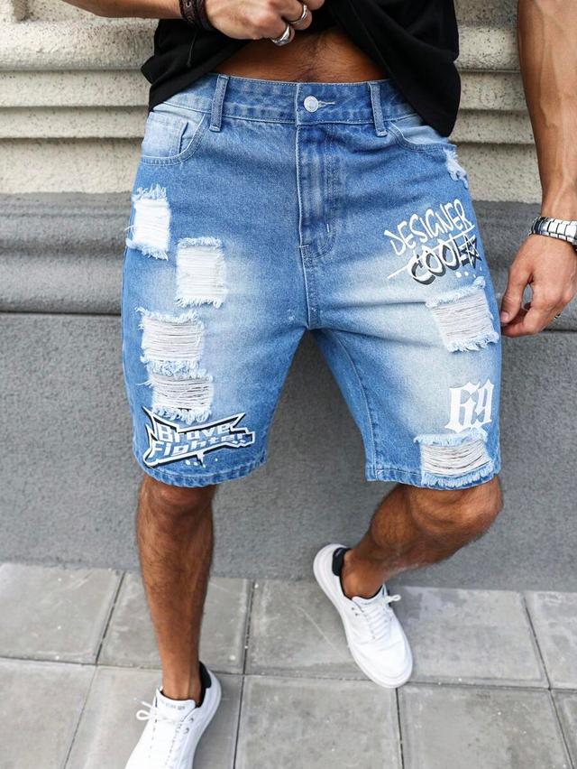 light blue distressed denim shorts with graphic prints