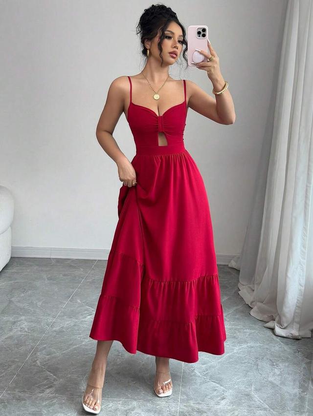 elegant deep v-neck hollow out flowy red dress