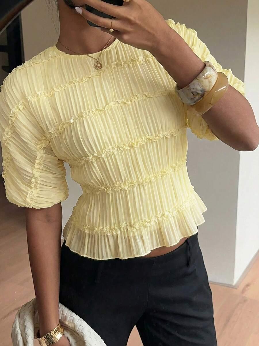 pale yellow pleated ruffle crew neck blouse