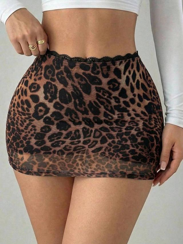 leopard print mesh mini skirt with lace trim