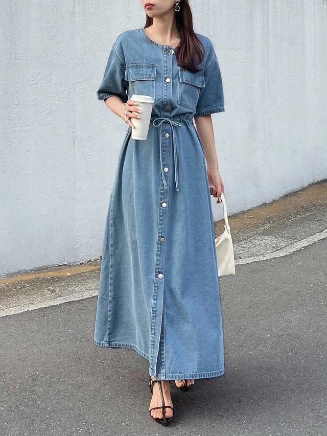 dark washed blue denim short sleeve button down dress