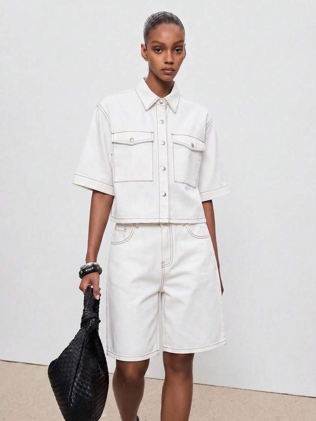 off-white denim short sleeve shirt and shorts set
