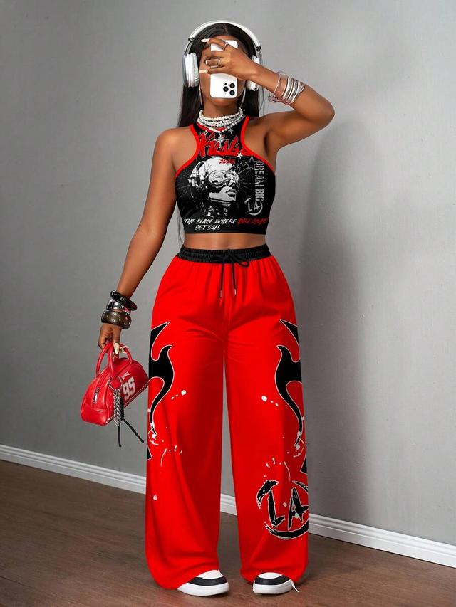 red and black graphic print loose trousers