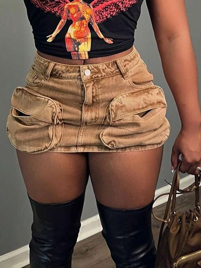 brown denim cargo mini skirt with utility pockets