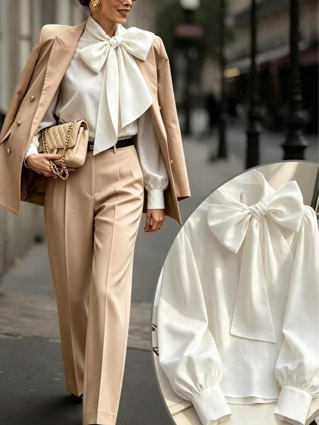 white long sleeve blouse with detachable oversized bow