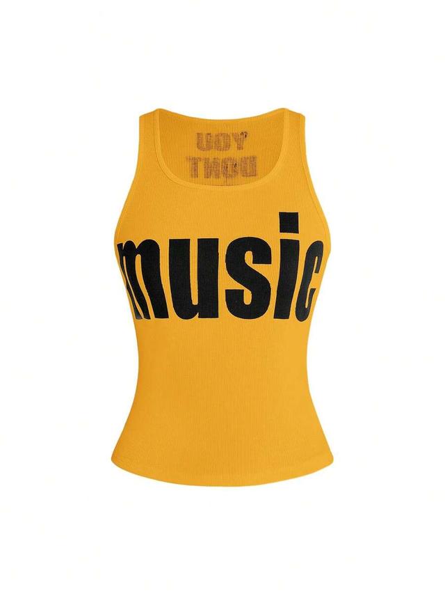 yellow ribbed cotton tank top with slogan print