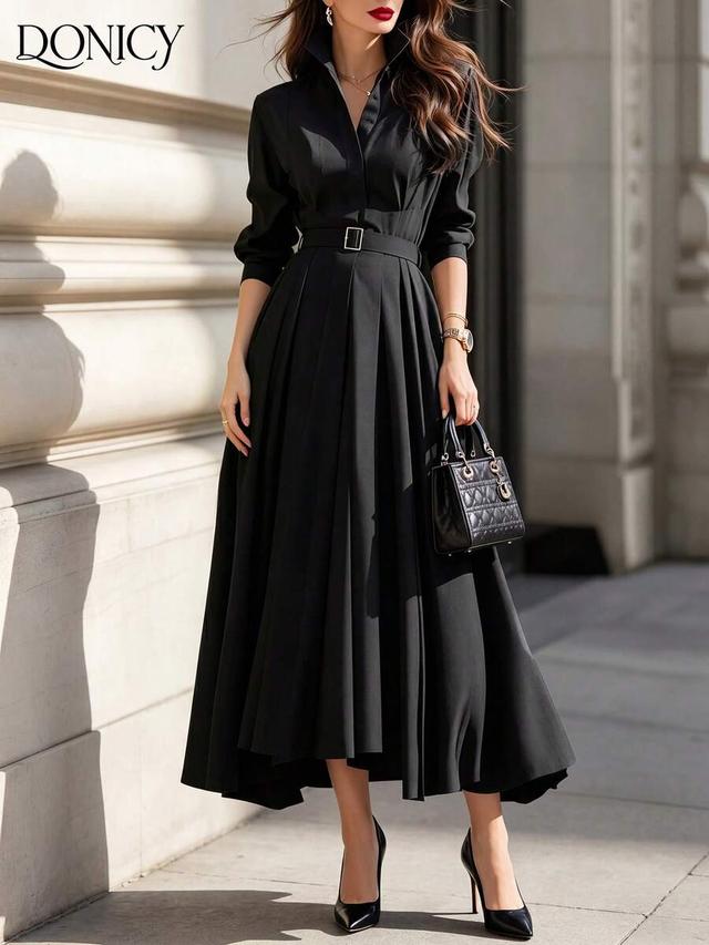 donicy black lapel pleated waist long sleeve dress