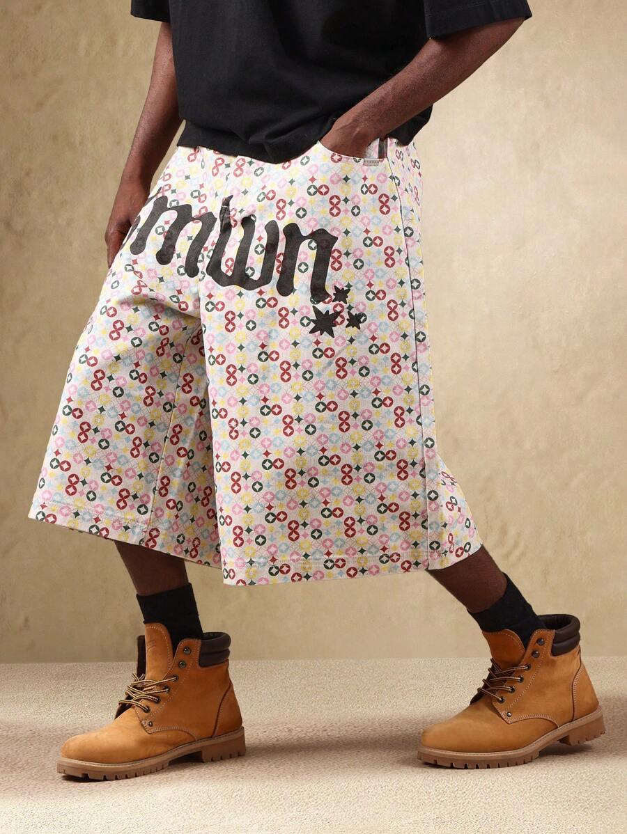 logomania print wide leg denim knee length shorts