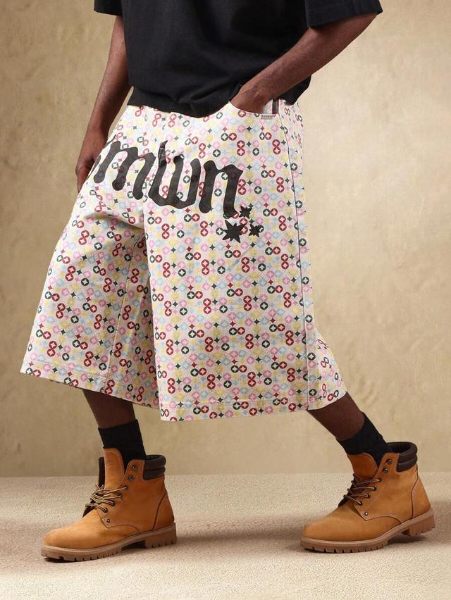 logomania print wide leg denim knee length shorts