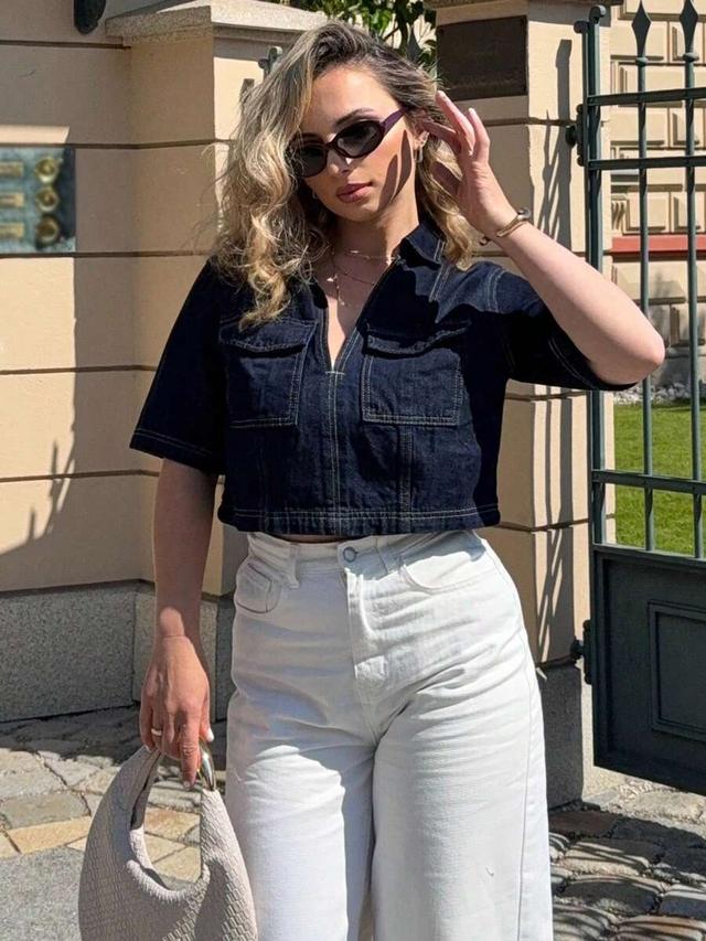 dark wash denim cropped utility shirt