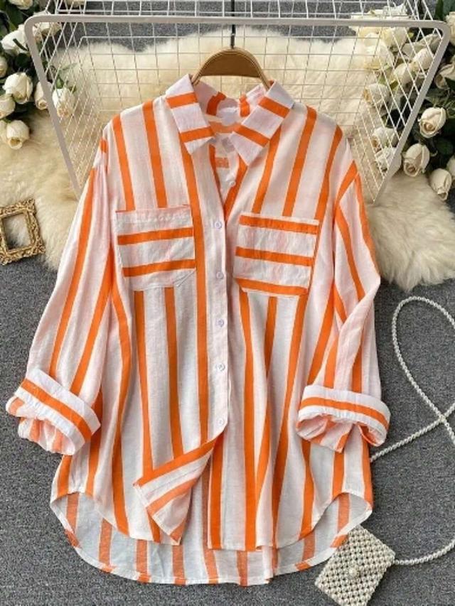 orange striped loose casual minimalist cotton shirt