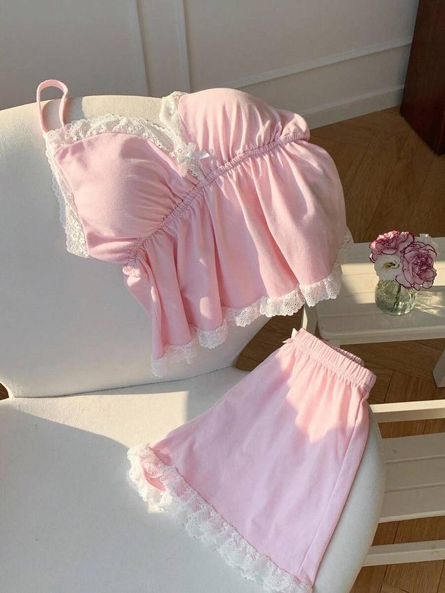 pink cotton camisole and lace trim shorts set