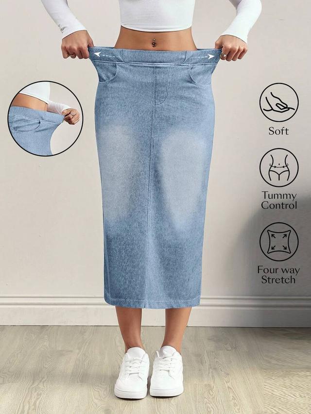 light blue elastic waist denim midi skirt