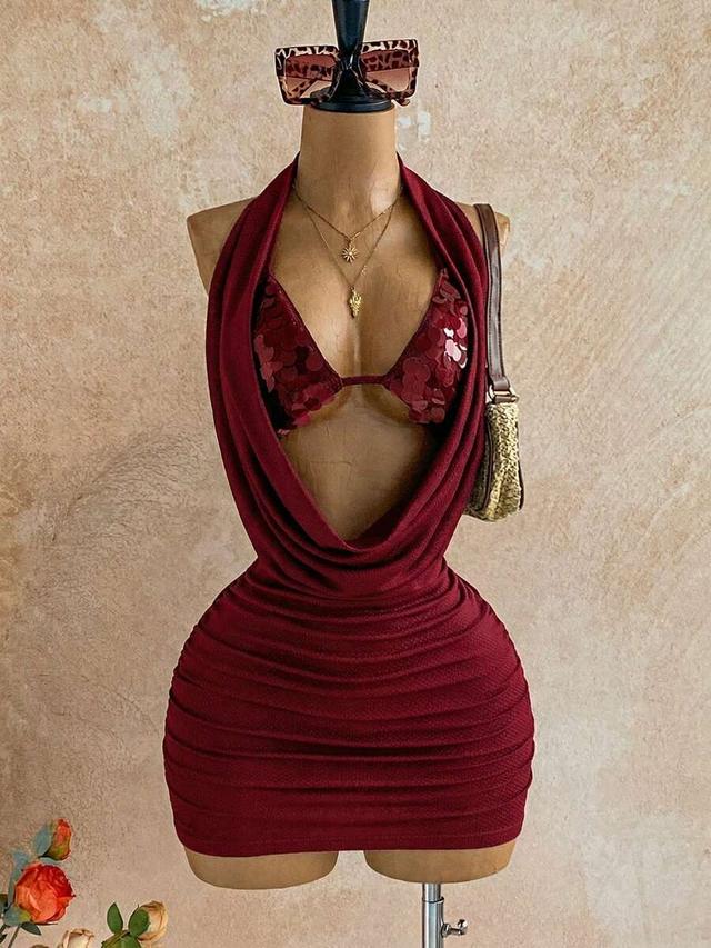 solid color sequin halter tie ruched mini dress