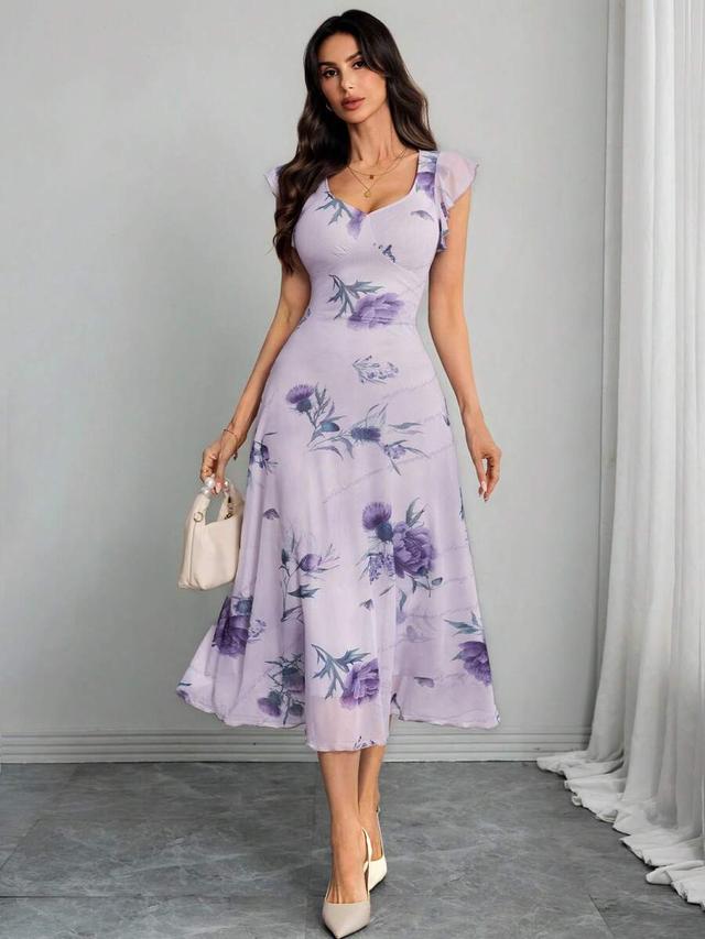women's gothic elegant romantic floral print mesh dress