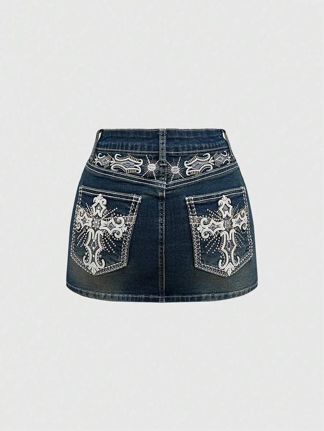 embroidered dark wash denim mini skirt