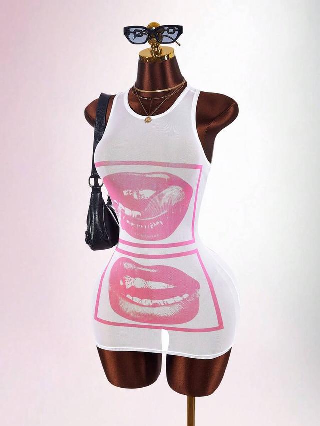 amplova face and lip print sheer bodycon mini dress