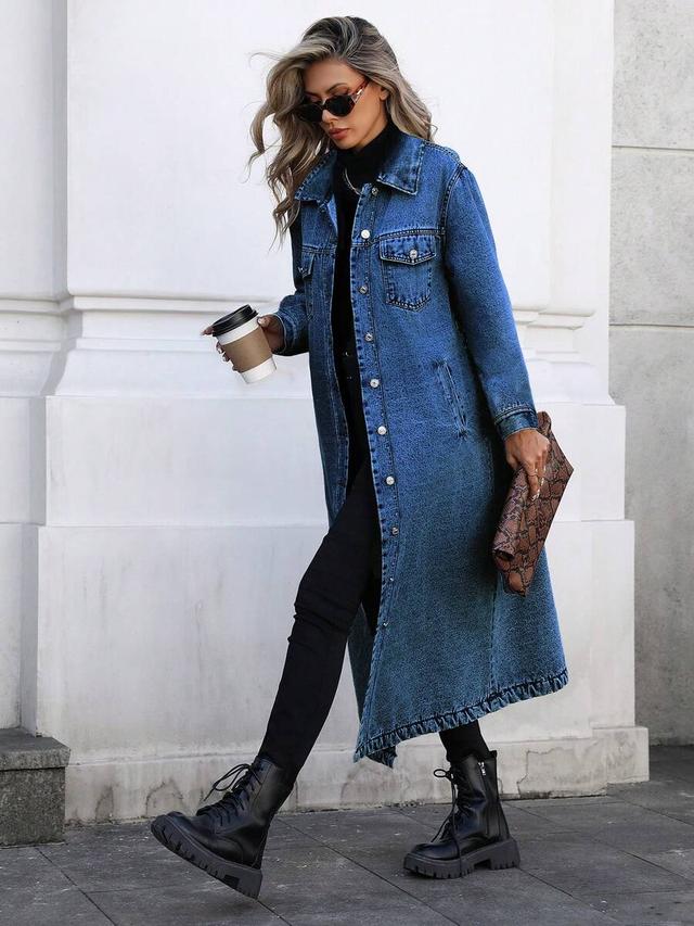 long denim trench coat with front button closure