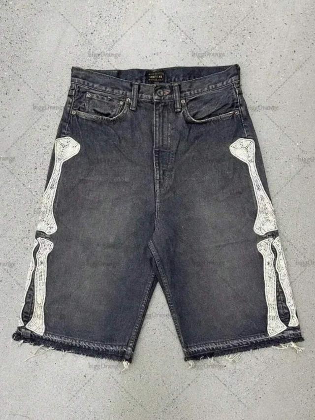 personalized fashion retro bone embroidered denim shorts