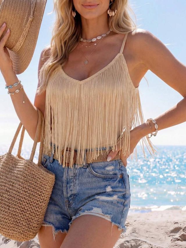 sylviya summer beach solid fringe trim v neck cami