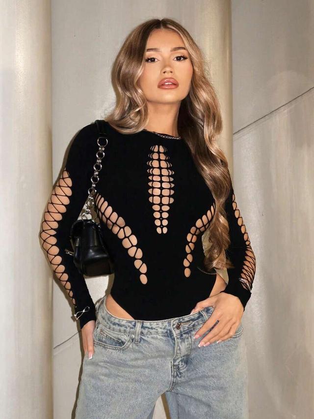 solid black round neck long sleeve hollow out bodysuit