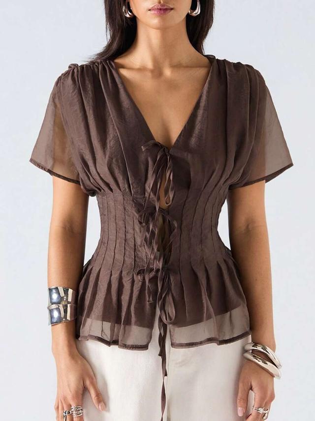 dark brown sheer pleated tie collar short sleeve top