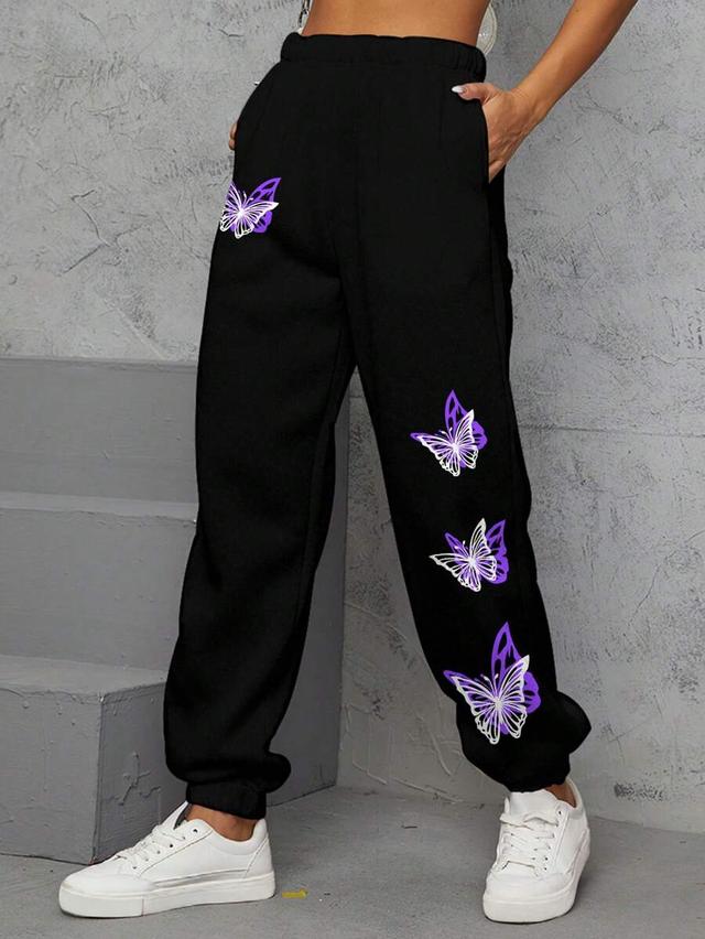 black butterfly print cotton blend sweatpants