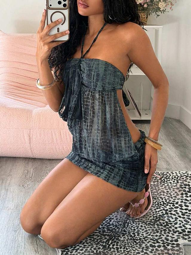 dark green crocodile print halter mini dress