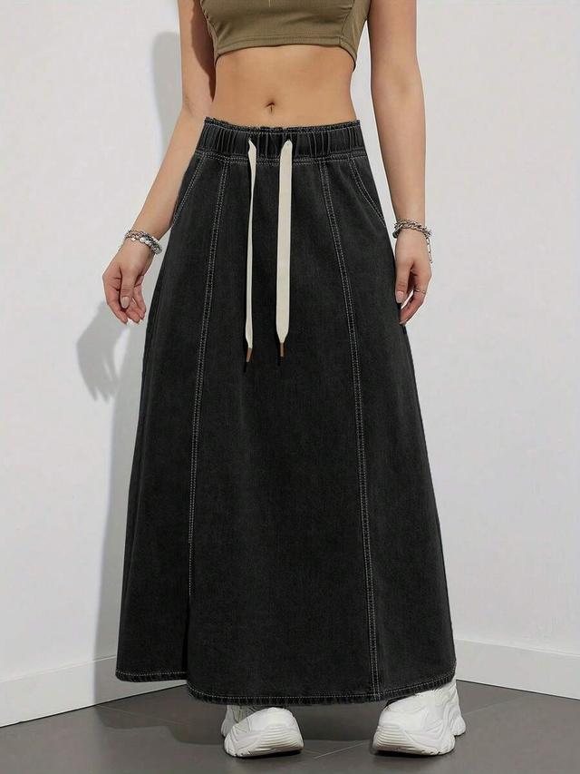 american style elastic waist loose black denim skirt