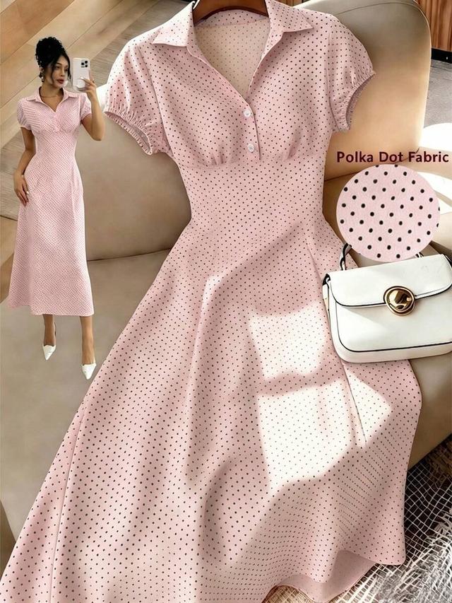 pink and black polka dot vintage v-neck a-line dress