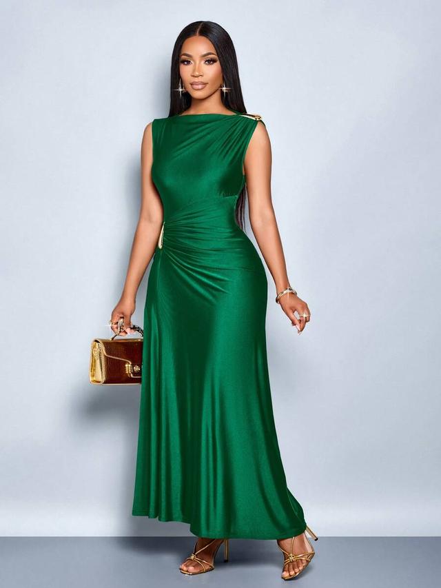 emerald green sleeveless draped midi dress