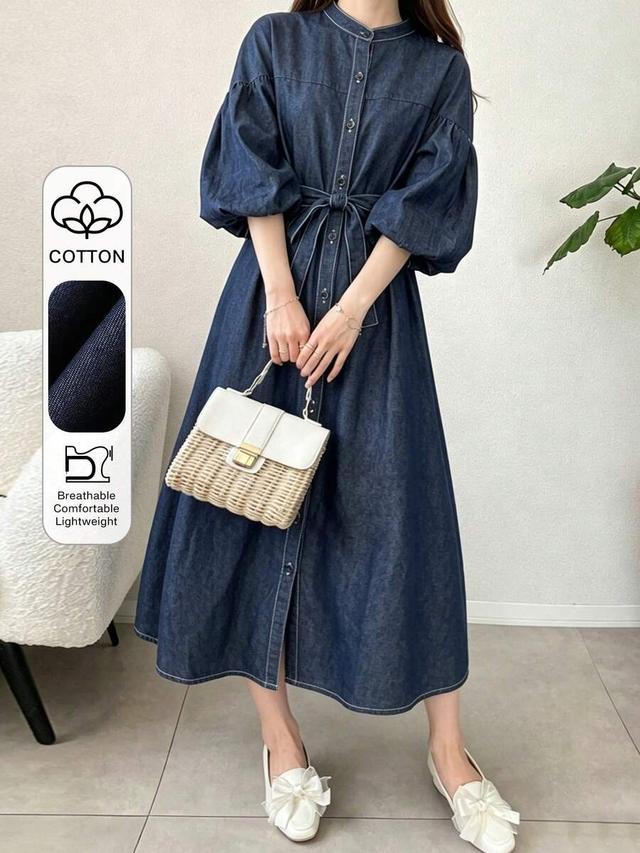 casual denim lantern sleeve single-breasted midi dress