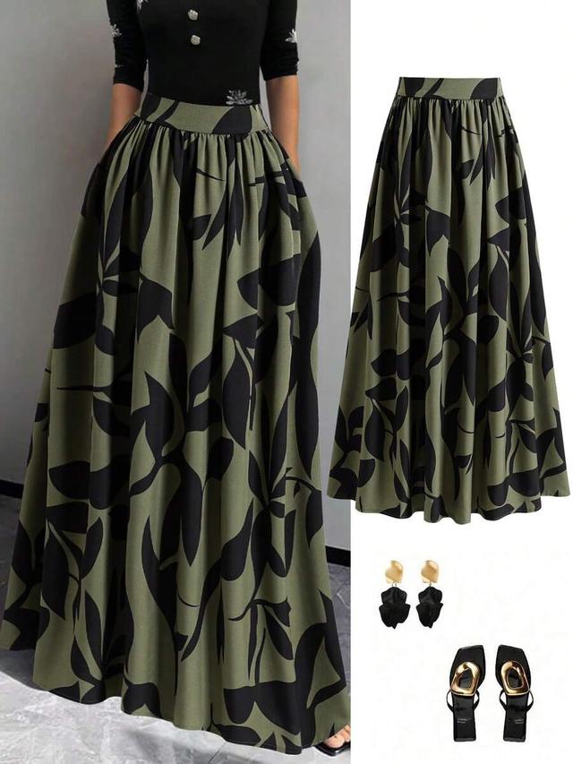 olive green black floral print high waist a-line skirt