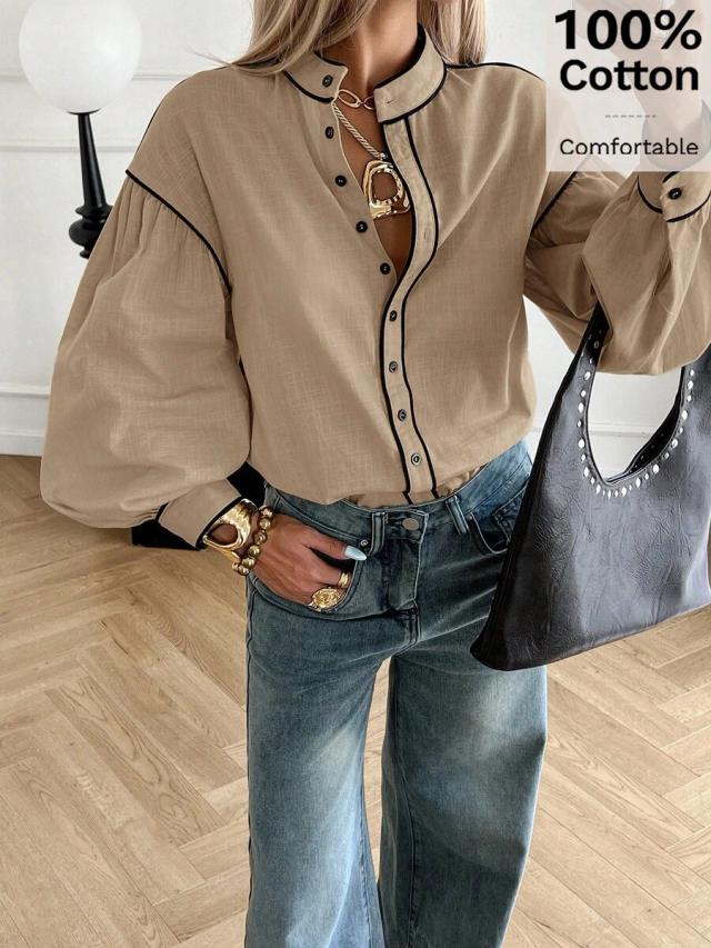 siren gaze elegant khaki cotton button up blouse