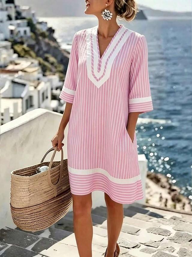 pink and white striped cotton shift dress
