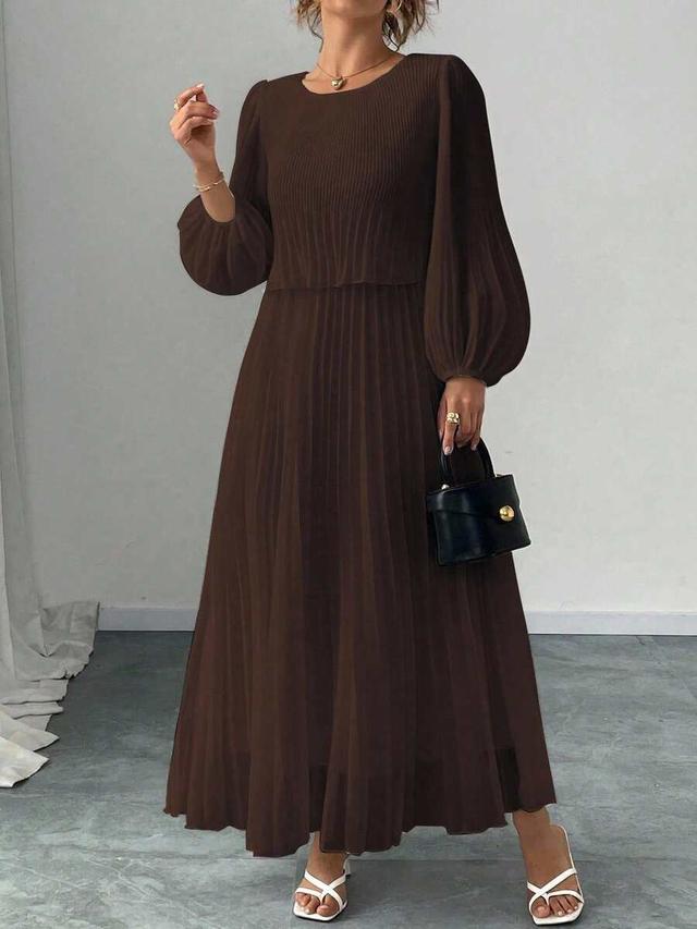 elegant brown pleated chiffon long sleeve dress
