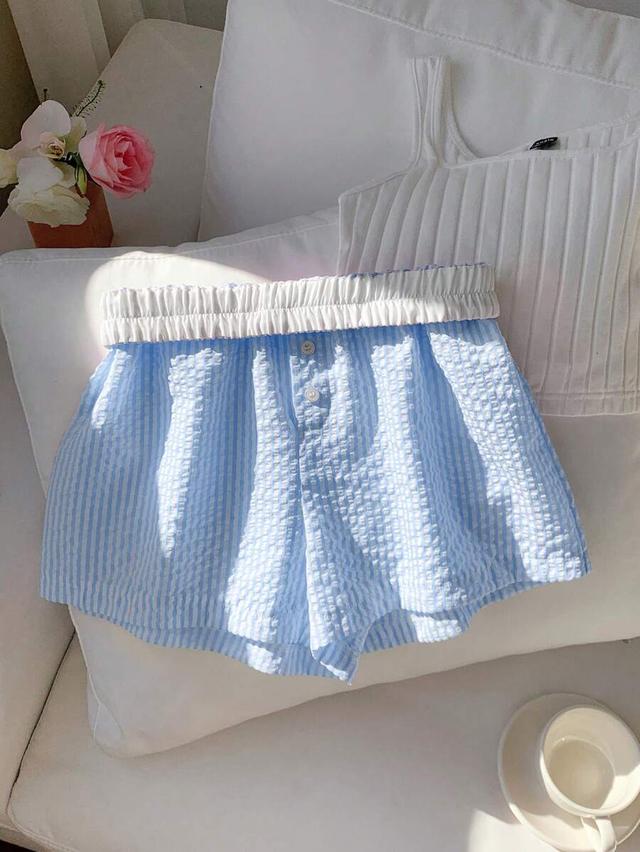 blue and white striped seersucker elastic waist shorts