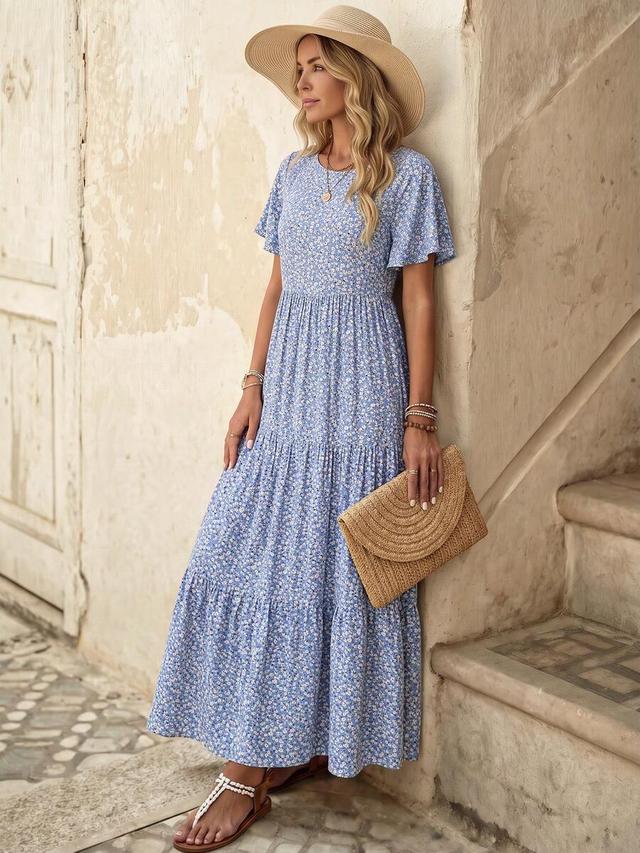 blue ditsy floral tiered casual summer maxi dress