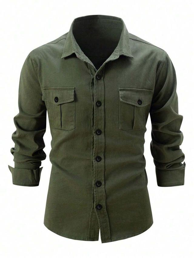 olive green cotton twill utility button-up shirt
