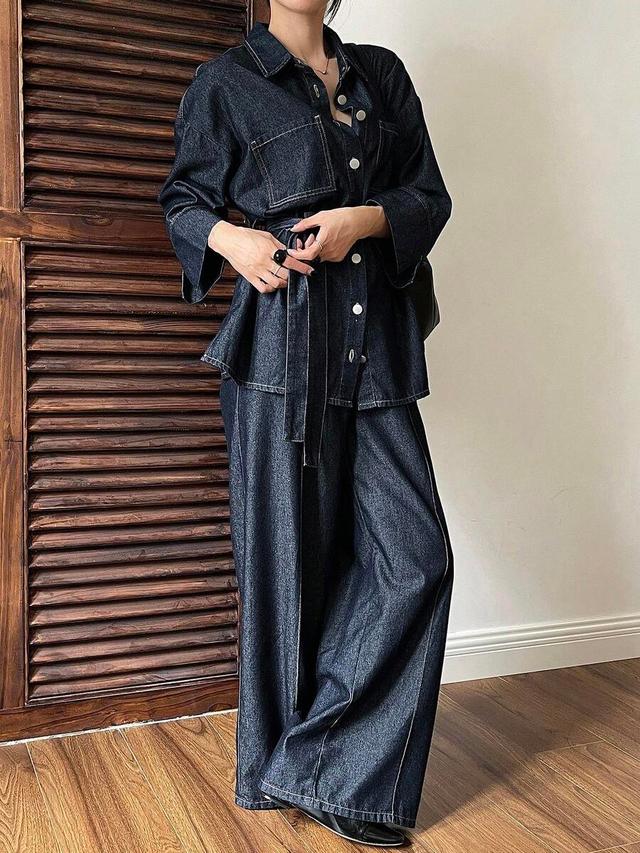 dark wash denim shirt and wide leg jeans set