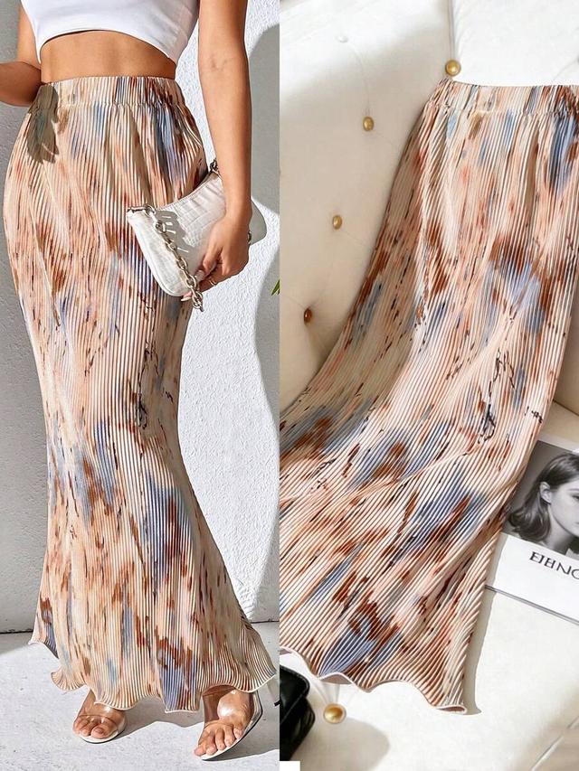 pleated elastic waist fish tail long skirt with random prints