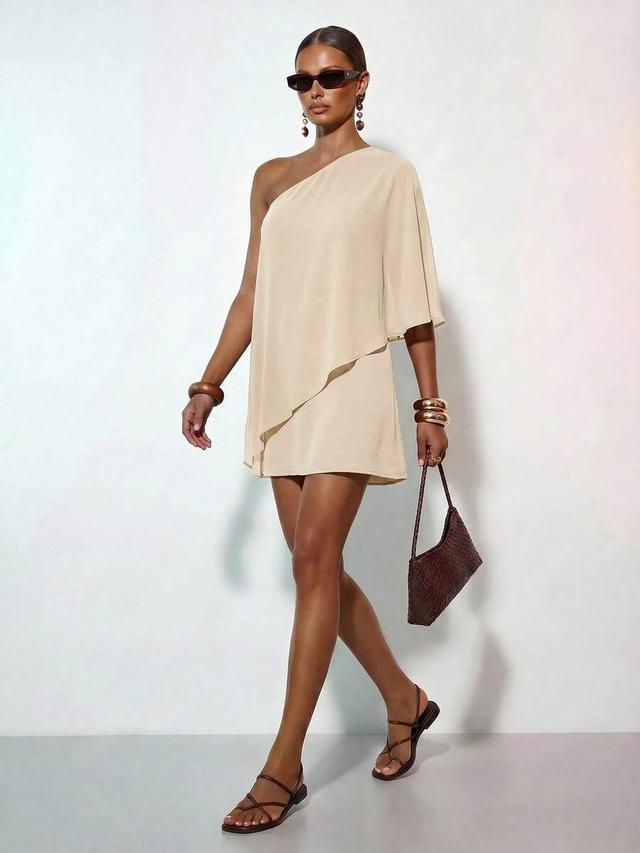 apricot one shoulder cape poncho short dress