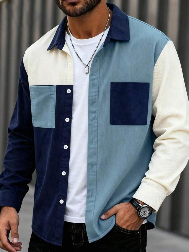 dark navy men's corduroy multi-color contrast patchwork long sleeve shirt