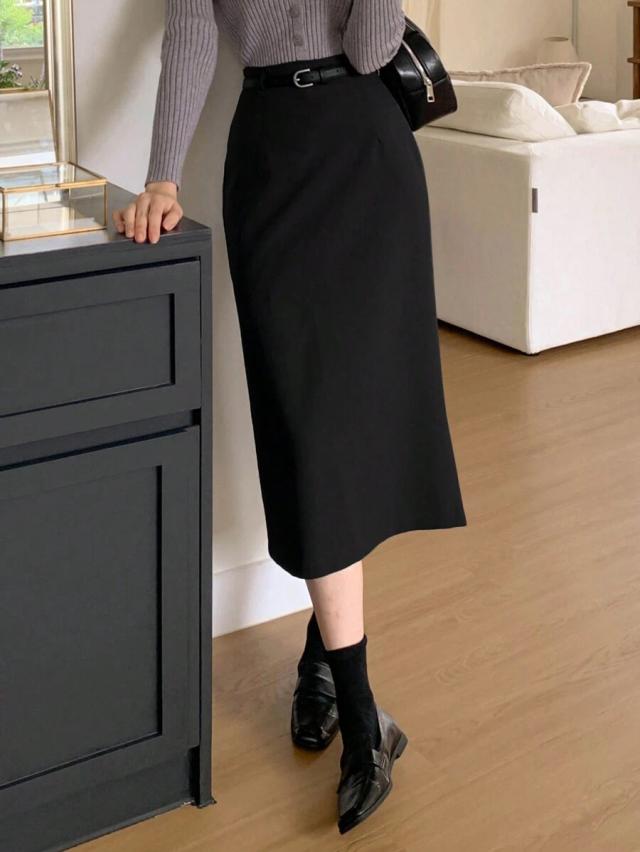 solid black back split pencil skirt