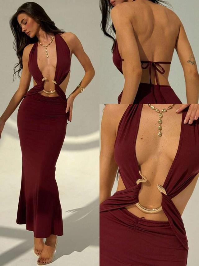 burgundy metallic decor backless halter maxi dress