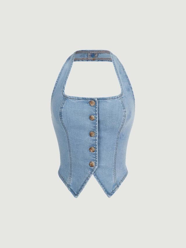 button front halter neck denim top