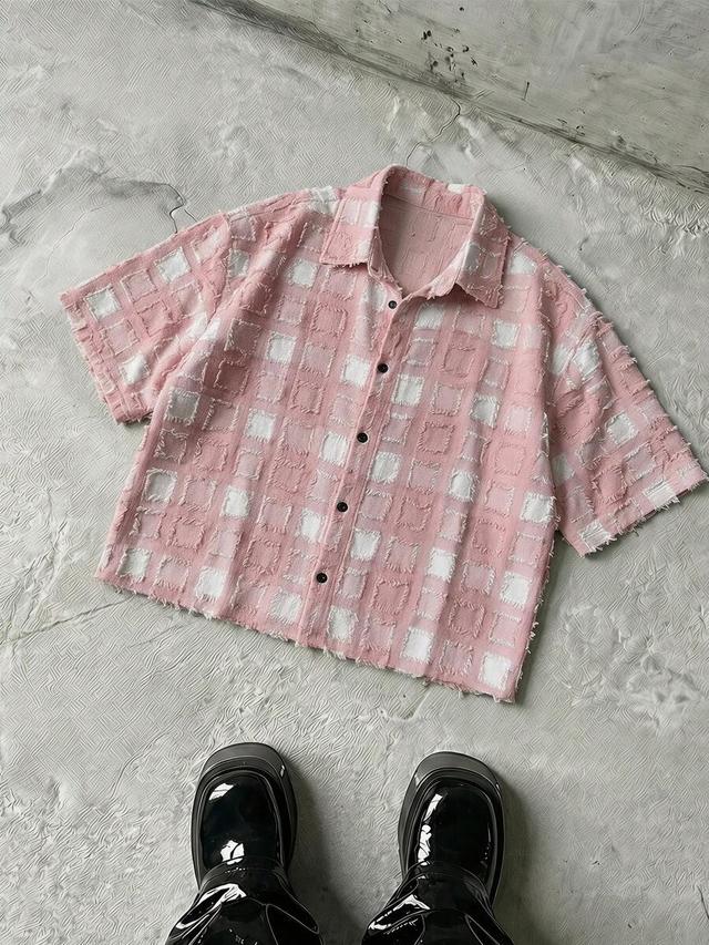 pink and white plaid woven short sleeve cropped shirt