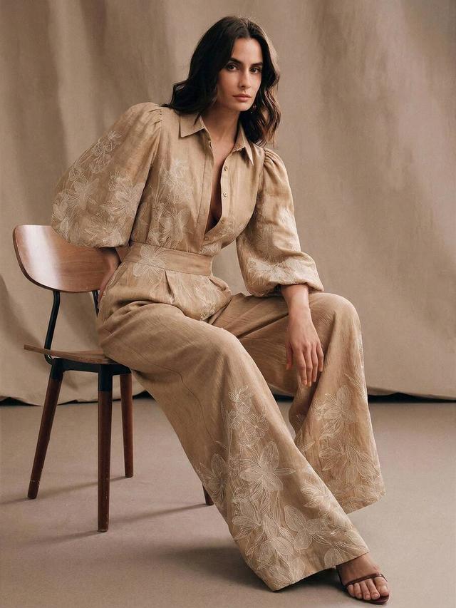 floral embroidered linen puff sleeve shirt and trousers set
